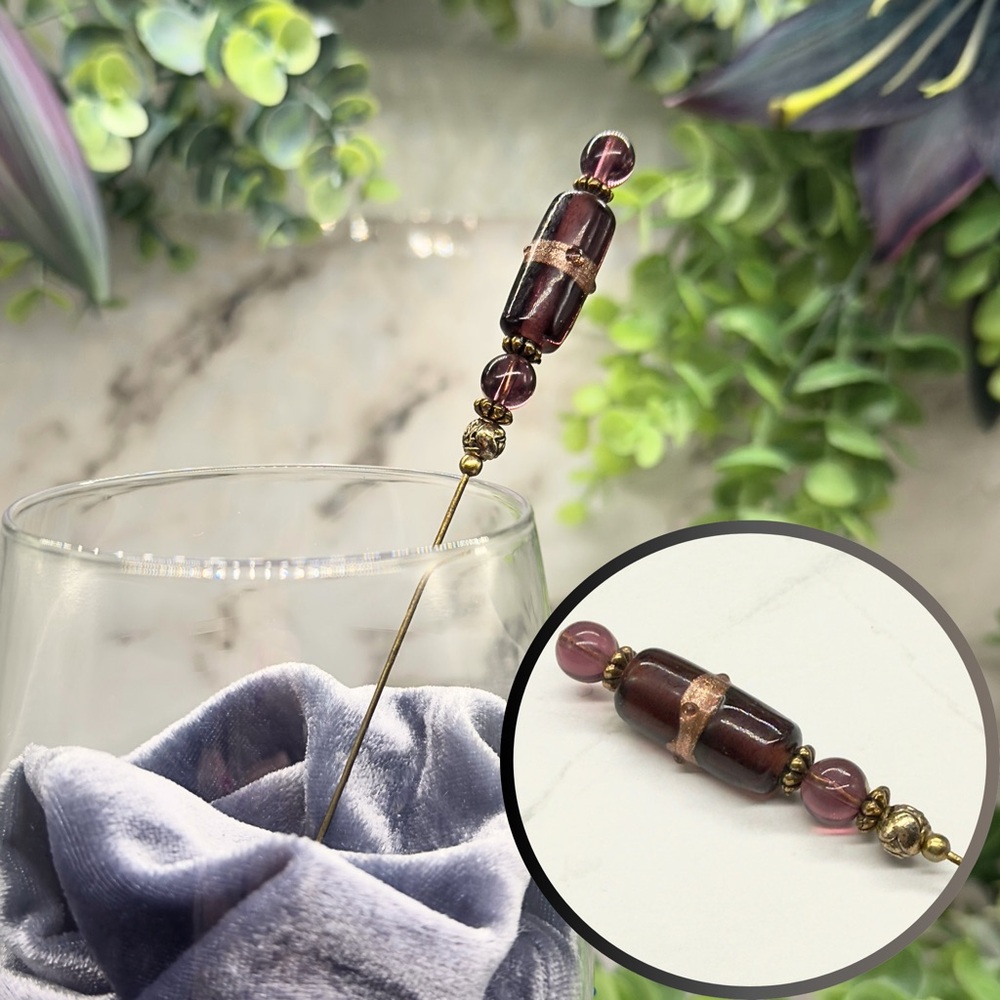 Purple Glass Gold Accent Cylinder Shaped 6” Pin • Hatpin - Stick Pin